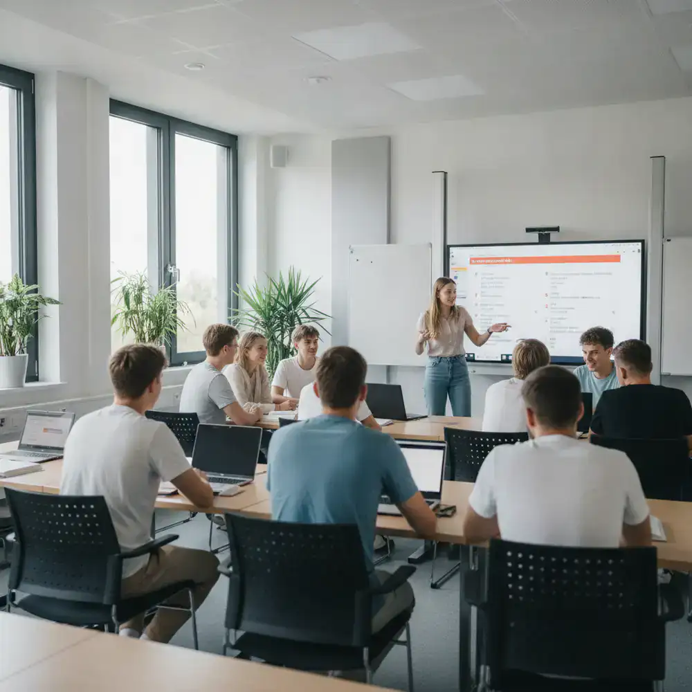 Étudiants apprenant l'allemand dans une salle moderne